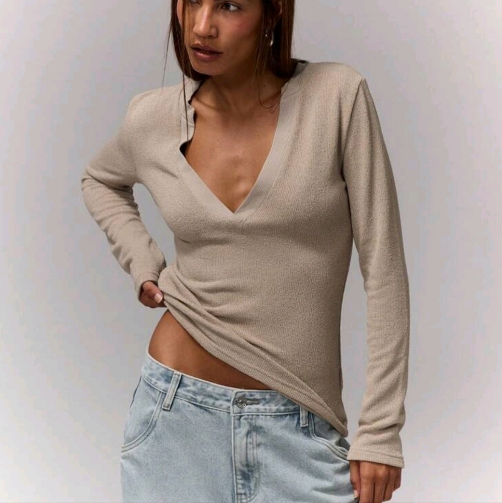 🌻2pk Elegant Beige & BrownV-Neck Long Skeeve Women's Top Size XL